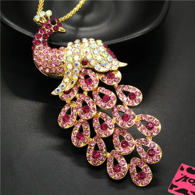Betsey Johnson Rhinestone Rose red Bling Peacock Crystal Pendant Chain Necklace