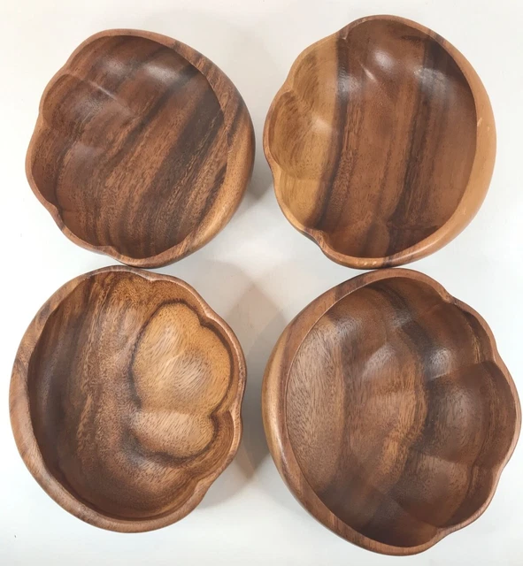 Vintage Carved Wooden Salad Bowls Partial Scallop Set Of 4 Philippines
