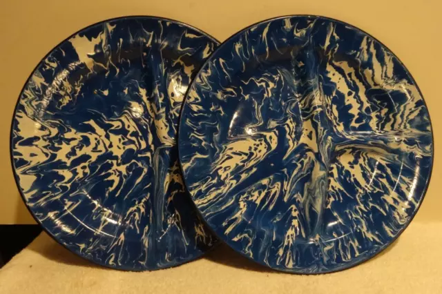 Vintage 2x Enamelware Granite Ware Blue and White Splatter Dinner plates