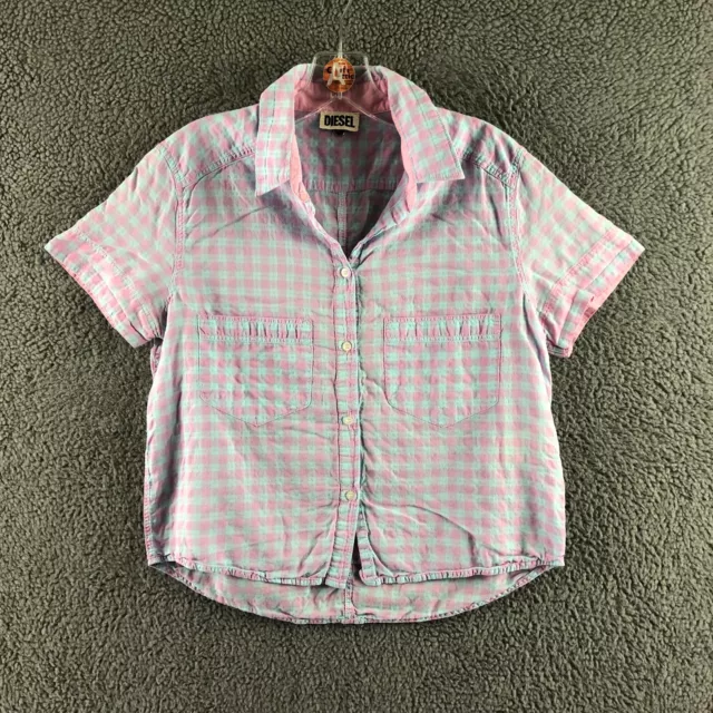 Womens Diesel Size Small Pink Blue Check Short Sleeve Button Up Shirt Blouse Top