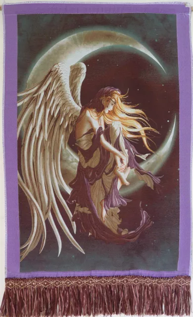 24"x16" FRINGED SILK NEEDLEPOINT WOVEN FANTASY PAINTING TAPESTRY: NIGHT ANGEL =