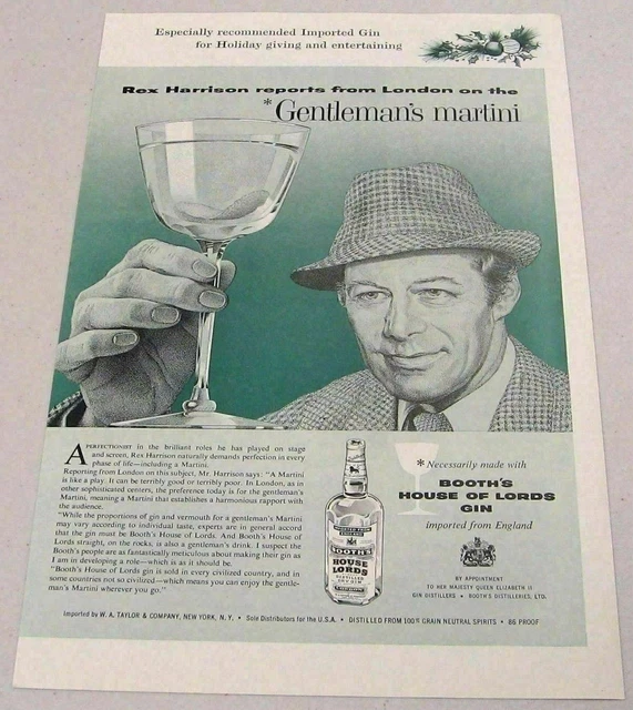 1959 Print Ad Booth's House of Lords Gin Actor Rex Harrison Gentleman's Martini