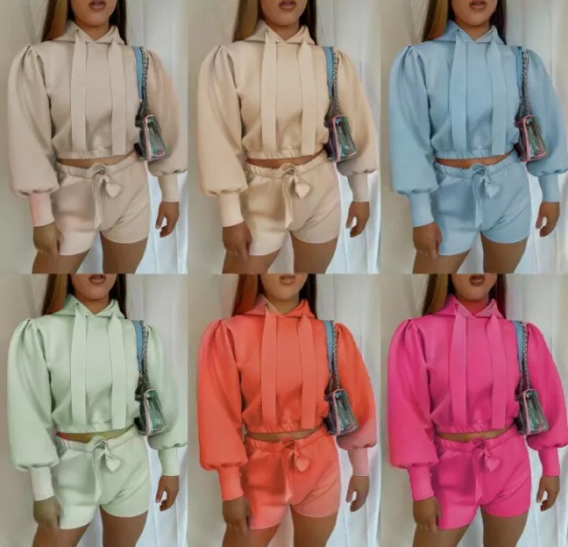 WOMEN'S CROPPED RIBBON Hooded Puff Sleeve Jumper Top Shorts Two Piece Co  ord Set £16.95 - PicClick UK