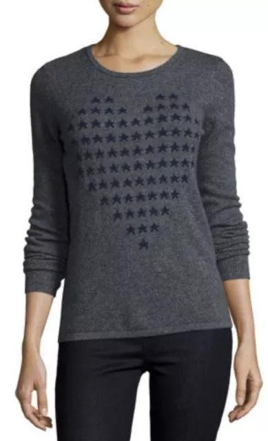 Neiman Marcus Cashmere Heart-shaped Star Intarsia Sweater, Blue on Grey size L