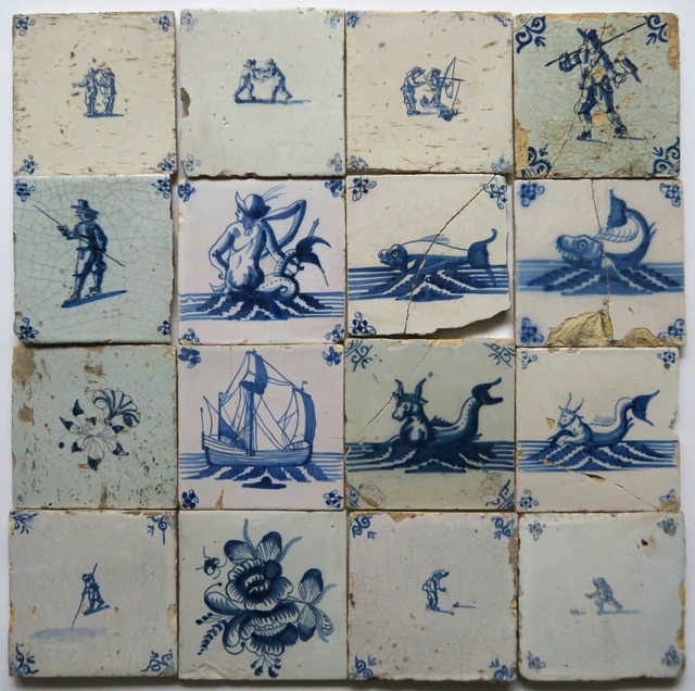 16 Dutch Delftware Delft faience tile carreaux, seaceatures, ships, VOC,