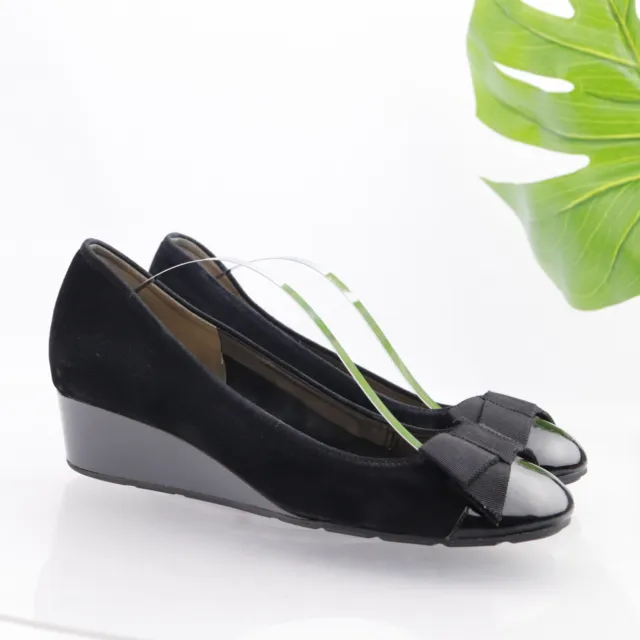 Cole Haan Women's Air Tali Pump Size 9 Low Wedge Bow Shoe Black Suede Cap Toe