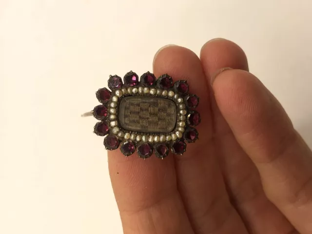 Antique Hair Mourning Brooch Gold 16 Garnets Seed Pearl Victorian Georgian 4.12g