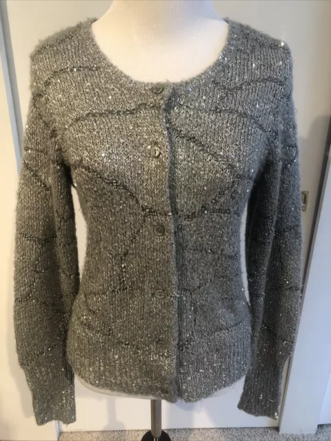 EUC!! Simply Vera Wang Grey Silver Sequin Bling Cardigan Sweater Women’s Size PM