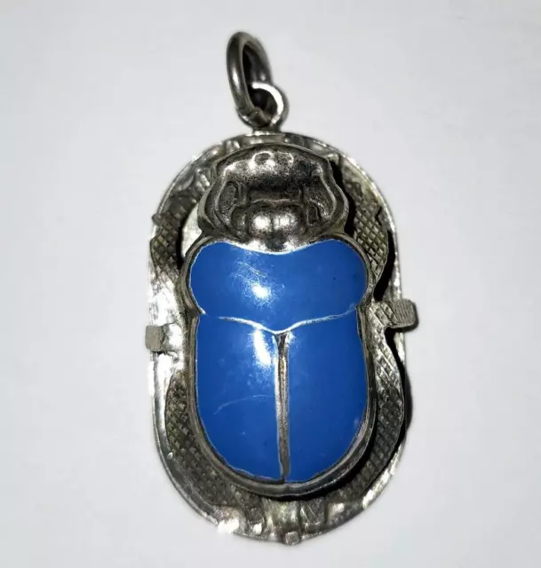 Vintage Egyptian Sterling Silver Hand Made Scarab Beetle Pendant 1.25" Tall