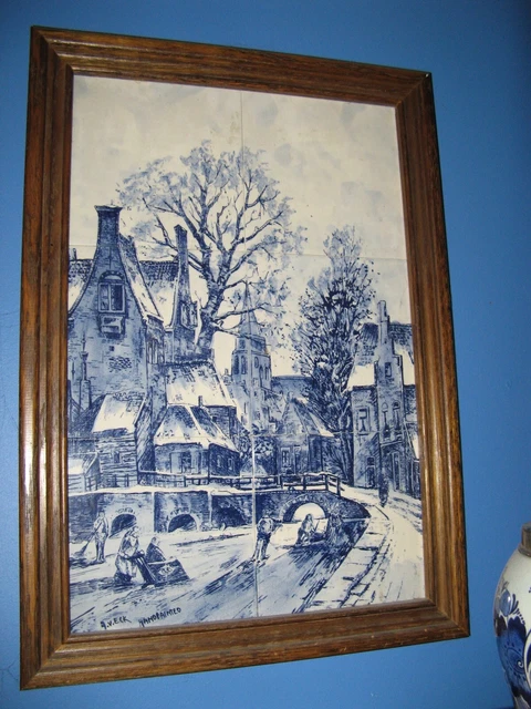 DUTCH ANTIQUE FRAMED DELFT BLUE 6 TILE WINTERSCAPE,imported from holland