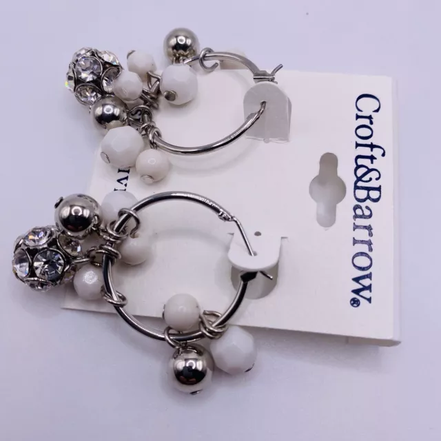 Croft & Barrow White Silvertone Bead Hoop Earrings New 2