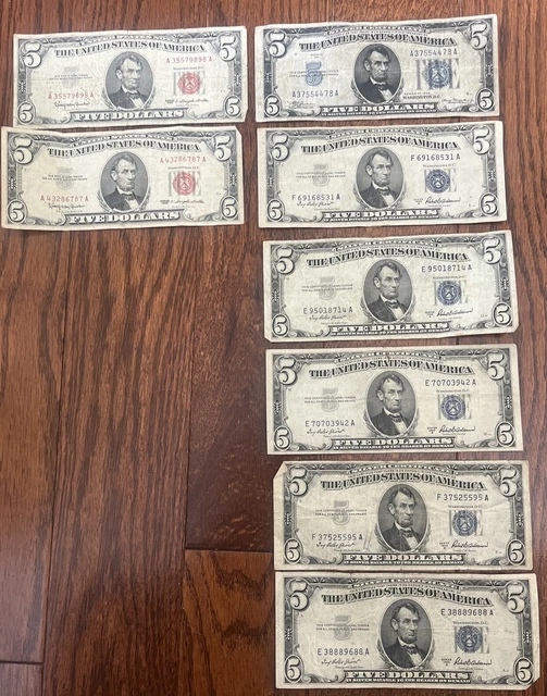 8x’s $5 Five Dollars Red Seal & Silver Certificate $40 FaceValue 1953A…1934…1963