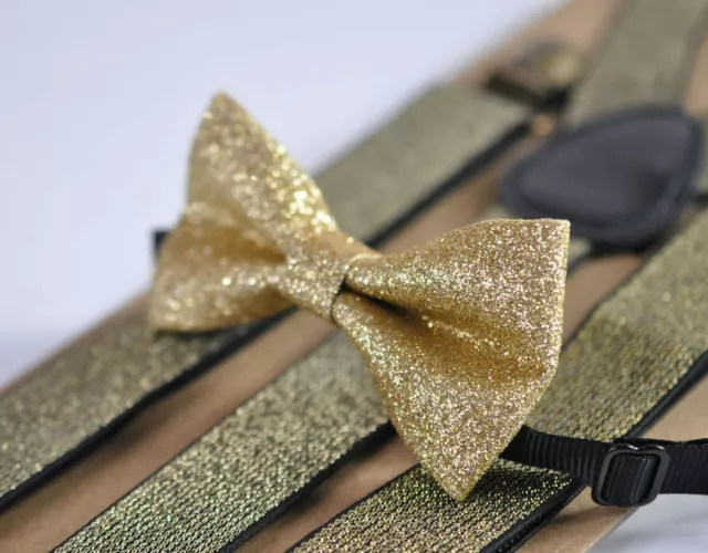 Gold shining bow tie Bowtie + Elastic suspenders Braces for Men / Boys / Baby