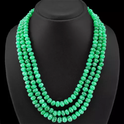 Beautiful Rare 643.00 Cts Earth Mined 3 Line Green Emerald Carved Beads Necklace