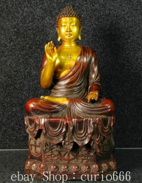 15.7'' Old Tibet Bronze Gold Gilt Shakyamuni Sakyamuni Amitabha Buddha Statue