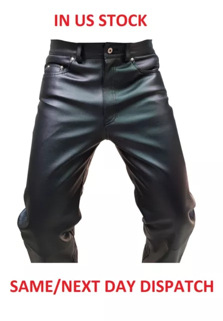 Mens Biker Style Jeans Black Cow Leather Sleek And Sexy 501 Style Pants