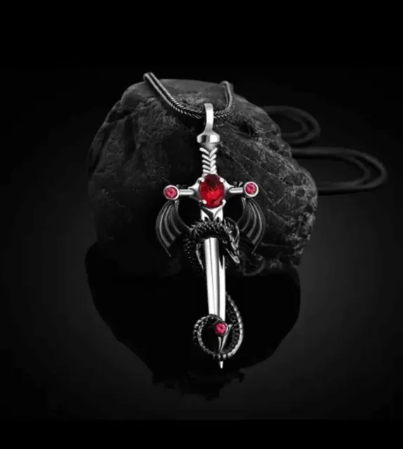 black Gothic Dragon sword necklace pendant -hip hop-punk red stone snake chain