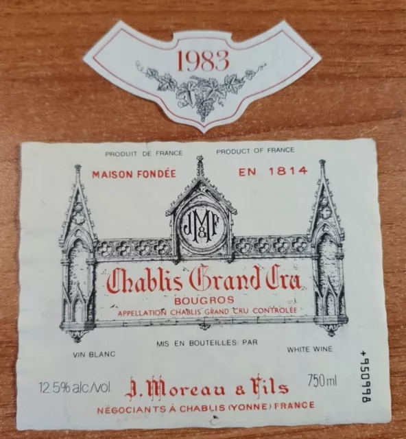 Etiquette de vin CHABLIS GRAND CRU Bougros (MOREAU J.) 1983 décollée