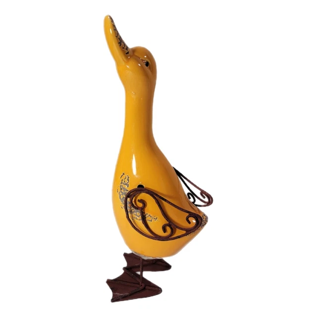 10" Yellow Ceramic Body Metal Wings And Feet Duck Farm House Decor