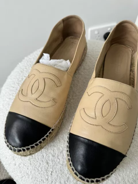 CHANEL Espadrilles Beige & Black Leather As Is Worn Size 40
