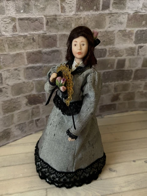 Victorian Lady Dollhouse Figure - 1:12 Scale Porcelain Doll With Green Dress & Feathered Hat