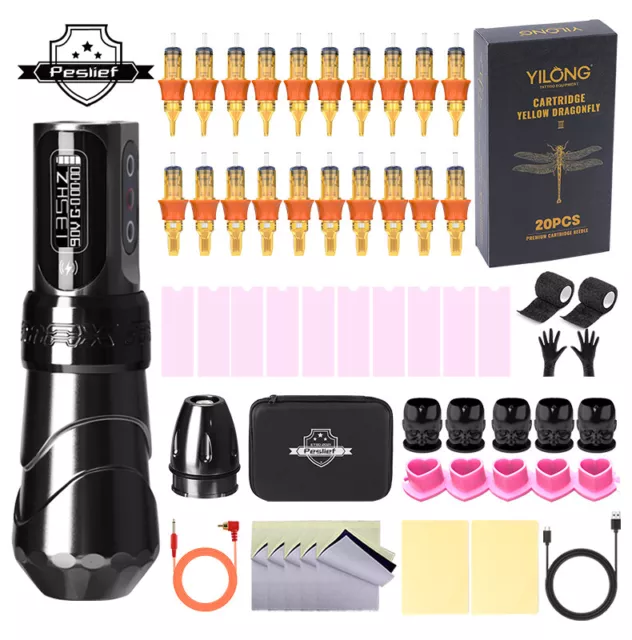 Kit completo de máquina de tatuaje inalámbrica pluma de batería giratoria 20 agujas de cartucho