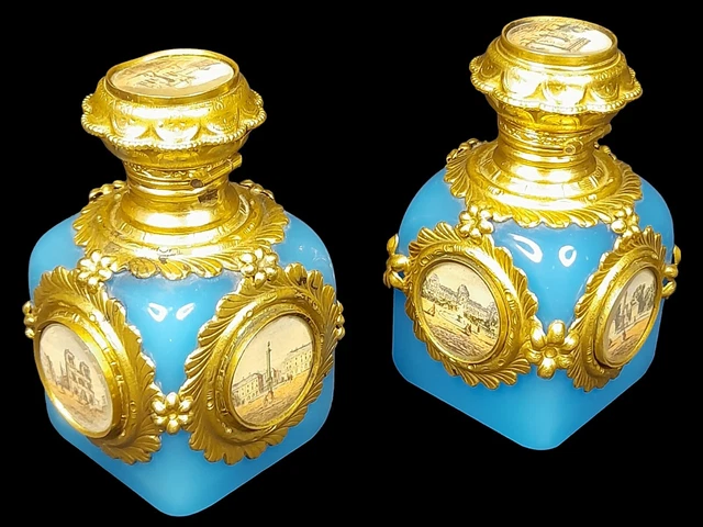 Pair of Antique French BlueOpaline Glass Perfume/Scent Bottles | Gilded Bronze