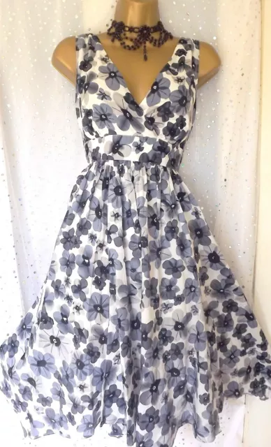 Gorgeous! MONSOON *LILA* UK 14 Blue Grey White Floral Print Fit & Flare Dress