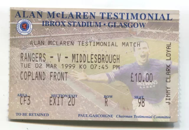 Rangers v Middlebrough, Alan McLaren Testimonial match ticket from 2 March, 1999