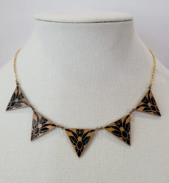 Vintage Art Deco Pididdily Links Necklace Black Enamel Flower Copper Triangles