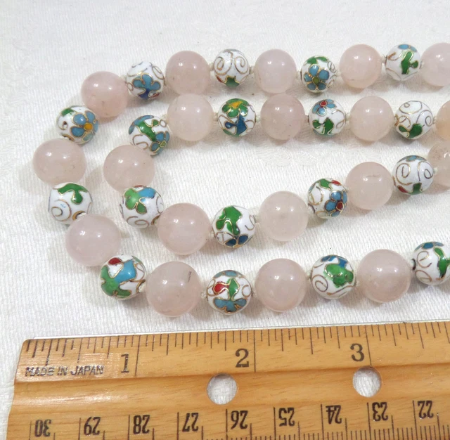 VTG Necklace White Floral 10mm Cloisonne Beads & 12mm Rose Quartz  Knotted