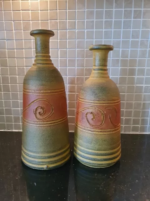 Vintage Antique Middle Eastern hand thrown clay Vases pair sgraffito design