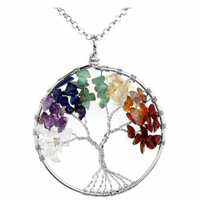 Handmade Genuine Real Gemstone Chakra Tree of Life Pendant Necklace