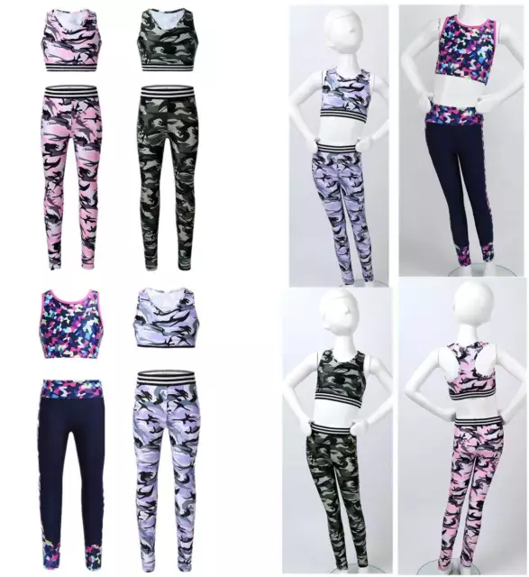 Girls Sports Outfits Gymnastics Tank Tops+Leggings Set Ballet Dancewear Clothes