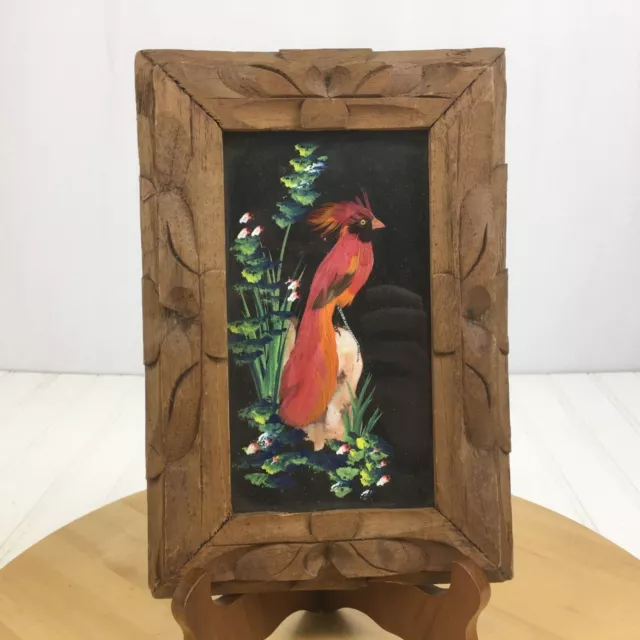 Vintage Folk Art Feathercraft Bird Feather Picture Wood Frame Red Cardinal