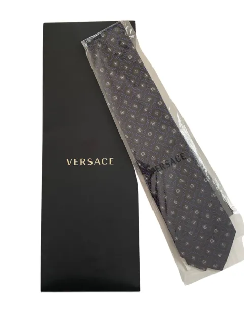 Versace NWT Necktie 100% Silk Tie Black Blue Geometric Floral Medusa Head Icon