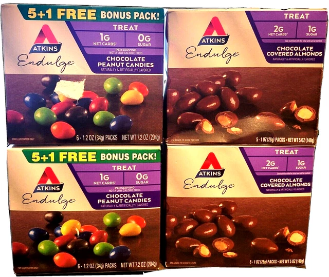 4 cajas de almendras y dulces de maní cubiertos de chocolate Atkins Endulge