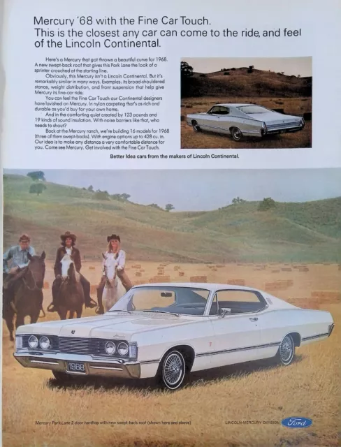 Print Ad 1968 White Ford Mercury Park Lane 2 Door Hardtop Three Horseback Riders