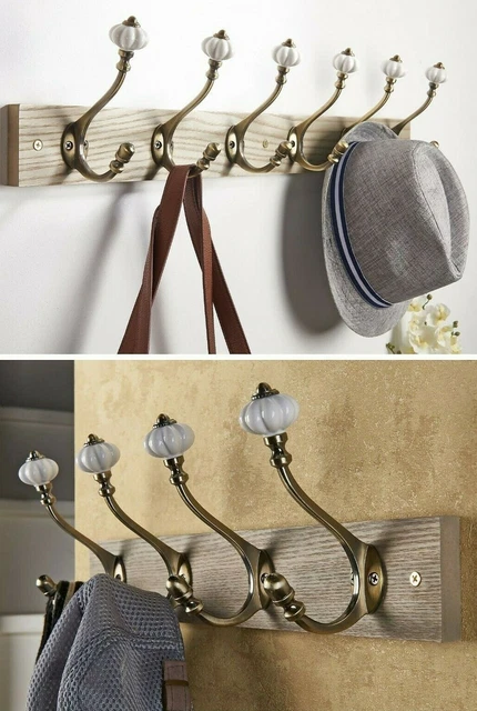 RUSTIC WOODEN COAT RACK PEG BOARD RAIL with Antique brass retro ceramic hooks