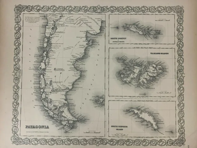 1855 Antique Patagonia Argentina Chili Falkland Map Colton's Atlas - great gift!