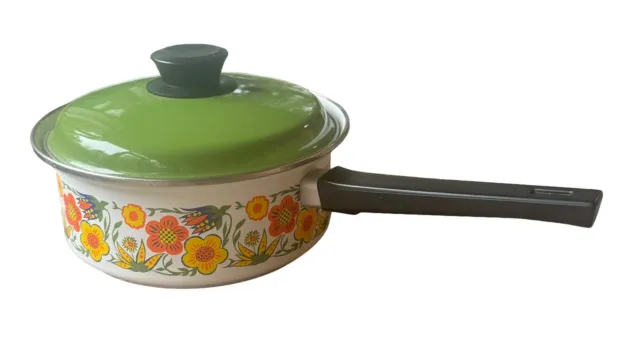 Vintage 1970s  Eanamelware Floral Orange Green Dutch Oven Clad 2 qt Cooking Pot
