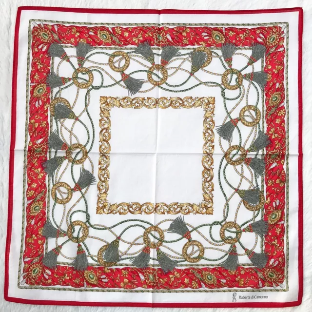 Vintage Handkerchief Cotton Red Gold Tassel Luxurious Printed Pocket Square 17"
