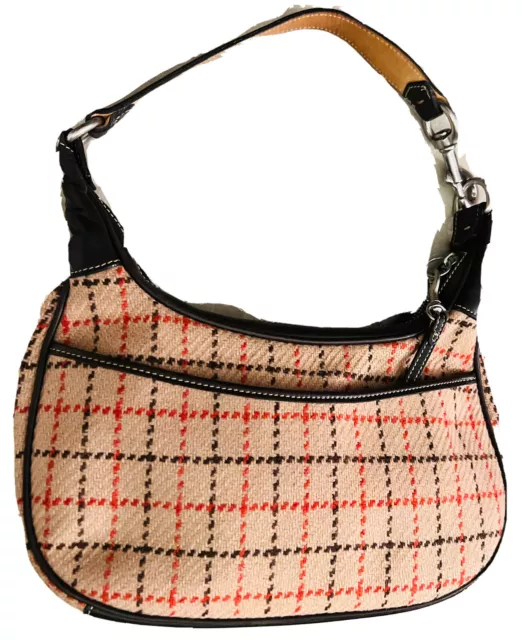 Coach Wool Shoulder Satchel Tote Handbag Brown Leather Trim #9613 Silver Zipped