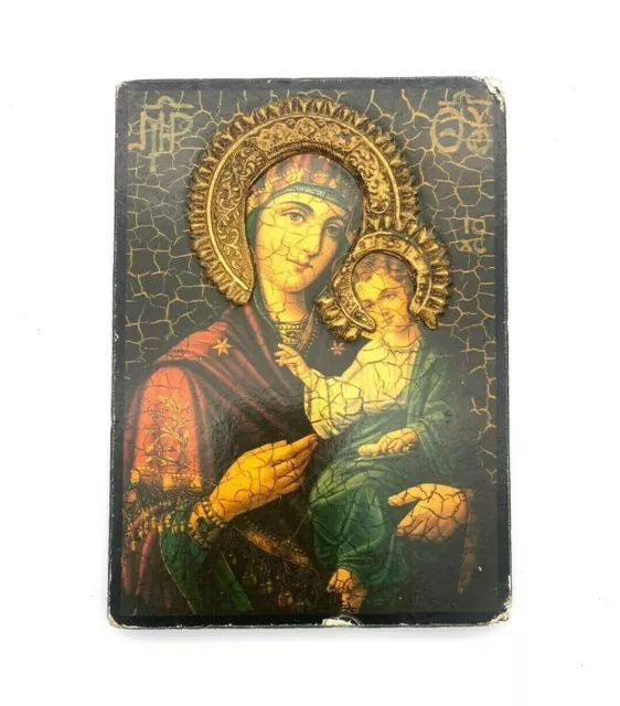 Handmade Vintage Copy Ancient Icon Holy Mary & Jesus baby Wooden Icon Rare 80s 2