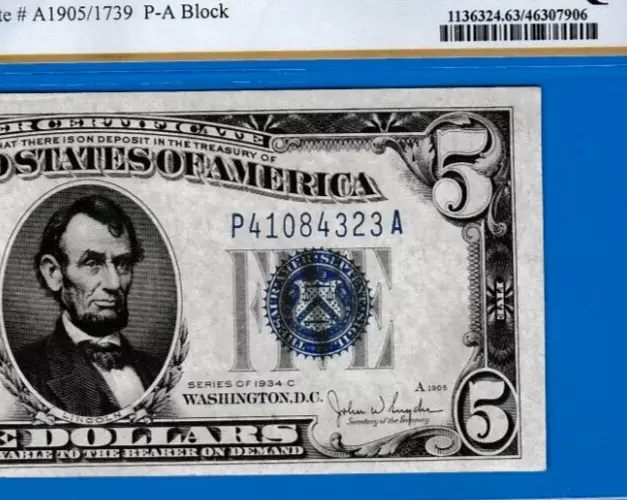 $5  1934 C  Silver Certificate Note S/N P 41084323 A Pcgs 63 Ppq