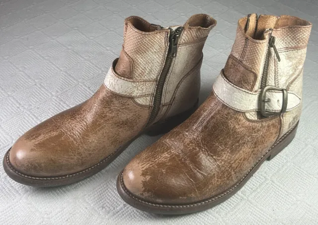 Bed|Stu “Becca” Buckle Boot Leather Rustic Distressed Tan Ankle Boots Sz 7.5 USA