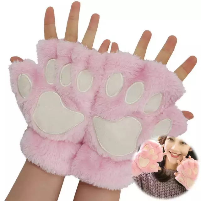 US Cat Claw Bear Paw Gloves Women Warm Plush Faux Fur Cosplay Fingerless Mittens