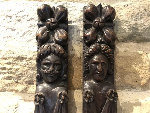 Pair 16thC Elizabethan Period English Antique Carved Oak Terms Panels