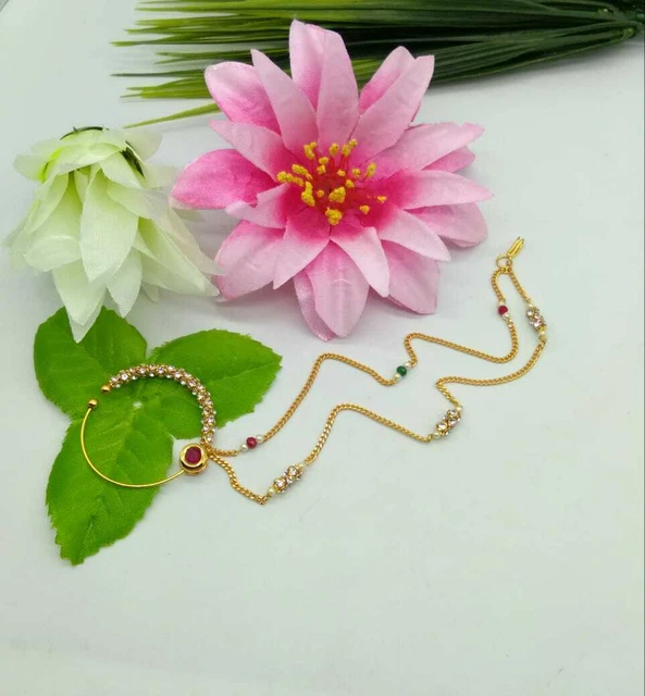 Bollywood Indiano Sposa Gioielli Placcato Oro Naso Anello Nozze Nath Polki Chain