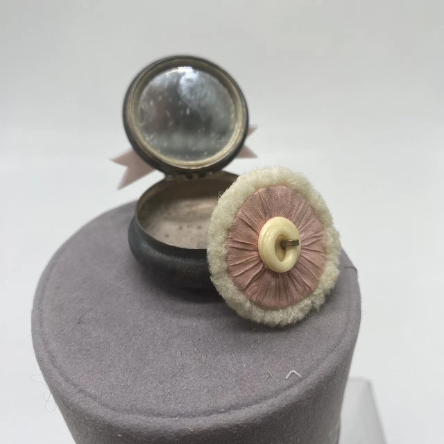 Antique Vintage Round Compact with Powder Puff with Mirror Silver Art Deco